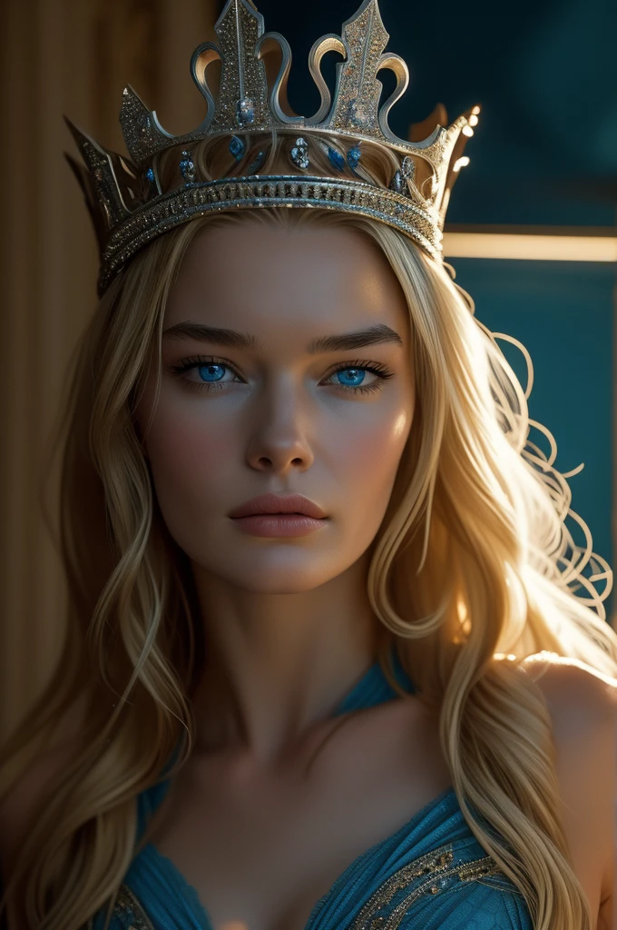 16 year old Lena Headey, ultra detailed face, ultra detailed blue eyes, long blonde hair, (queen dress), queen crown, (((masterpiece)))