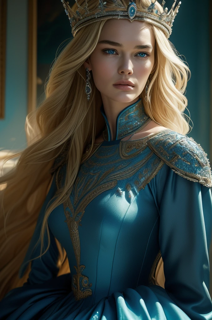 Lena Headey, ultra detailed face, ultra detailed blue eyes, long blonde hair, (queen dress), queen crown, (((masterpiece)))