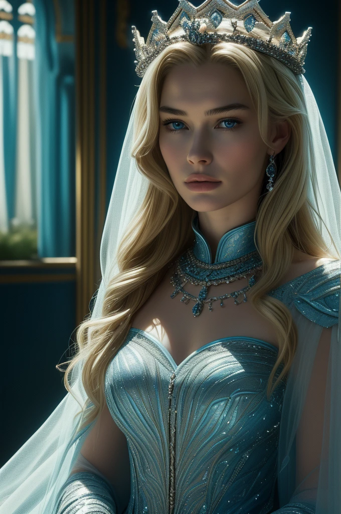 16 year old Lena Headey, ultra detailed face, ultra detailed blue eyes, long blonde hair, (queen dress), queen crown, (((masterpiece)))