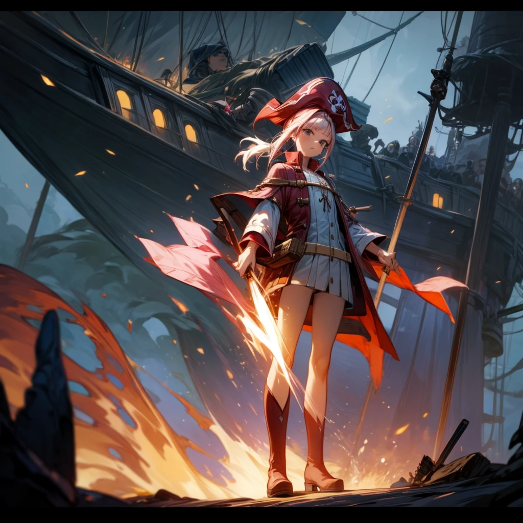 1girl, Full body version, 1character, girl version, black eyes, long Curly haircut, pink colour hair, ancient pirate style clothing, red colour clothing, long boots, Grassroots, background in sea, motion blur, (Hunter x Hunter style), sword Gladius in hang, pirate hat, pirate robe, smoke effect, aura effect, blue lighting, lightning sword, low angle view, fire, with ship pirates, normal gesture 