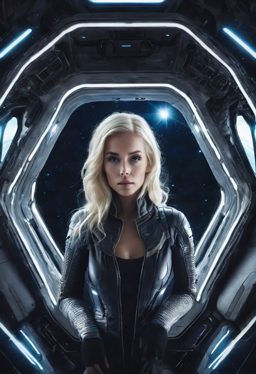 Beautiful blonde woman in a spaceship