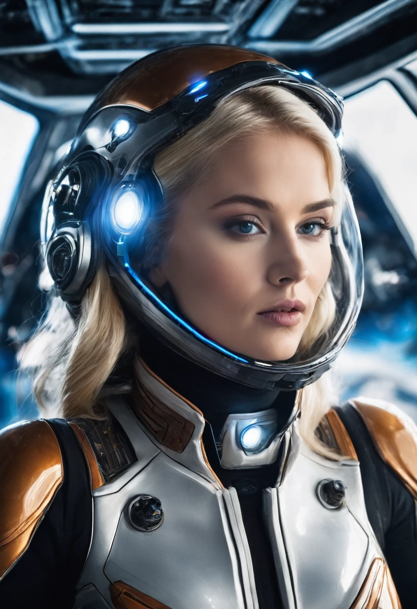 Beautiful blonde woman in a spaceship