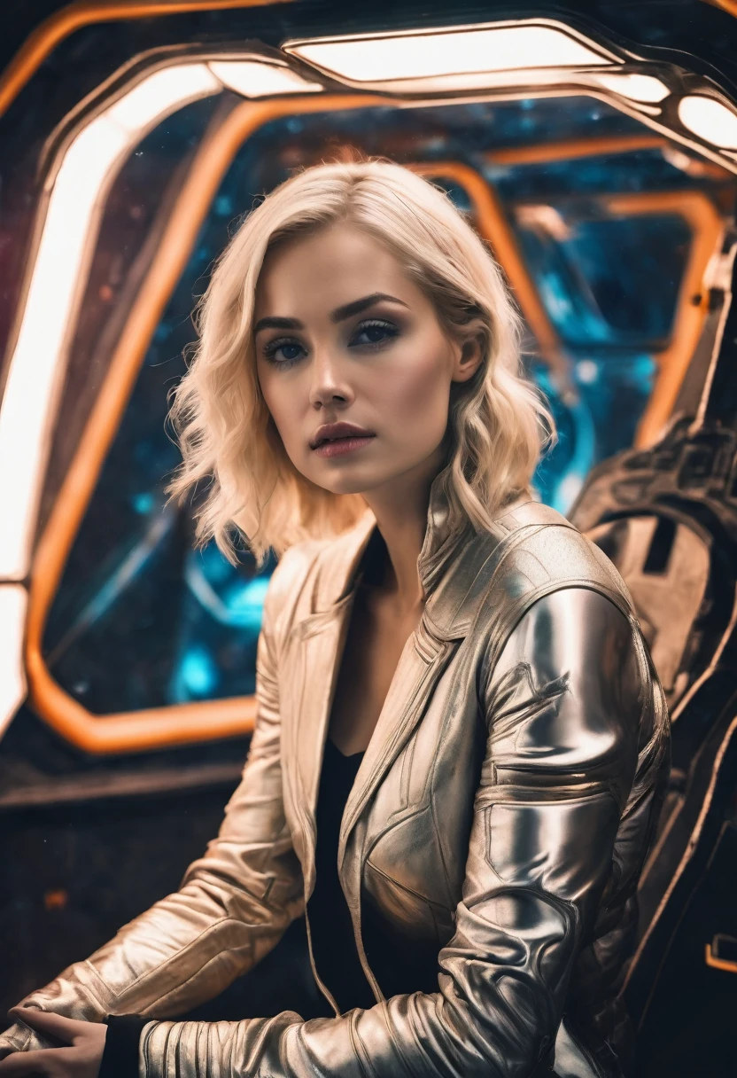 Beautiful blonde woman in a spaceship