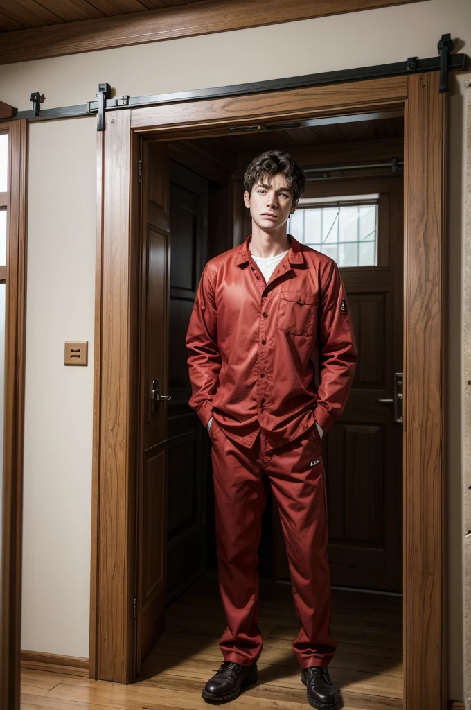 make a guy in red work clothes, who works with wooden doors and who is putting a door in his house