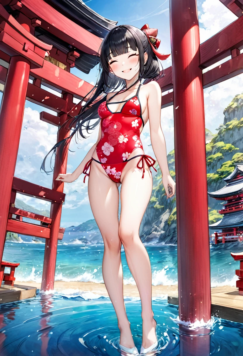 (full body, pov Kunoichi style swimsuit) (beautiful body), (solo:2, 15 yo, blunt bangs:1.3 black hair long hair sexy shrine girl, sexy closed eyes, happy smile), (in a japanese beautiful ninja bikini swimsuit, exposure wabisabi:1.3 white and red), break, in the Swimsuit contest venue, background Double Exposure beautiful ocean, BREAK, perfect anatomy, masterpiece, best quality, 16k, beautiful detailed love, sexy, daydreaming expression.