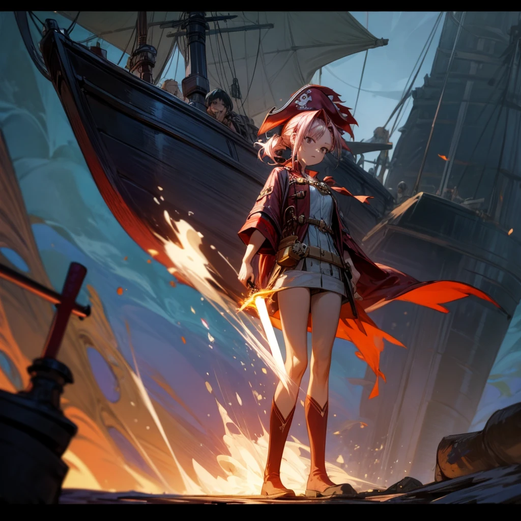 1girl, Full body version, 1character, girl version, black eyes, long Curly haircut, pink colour hair, ancient pirate style clothing, red colour clothing, long boots, Grassroots, background in sea, motion blur, (Hunter x Hunter style), sword Gladius in hang, pirate hat, pirate robe, smoke effect, aura effect, blue lighting, lightning sword, low angle view, fire, with ship pirates, normal gesture 