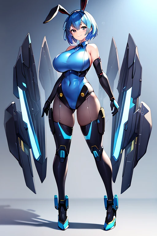 1girl, blue hair, large breasts, bunny ears, rabbit ears, wide hips, bodysuit, black bodysuit, short hair, very short hair, science-fiction, tech, futuristic, machinery, full body, ((full body)), smile, light smile, robot girl, drone