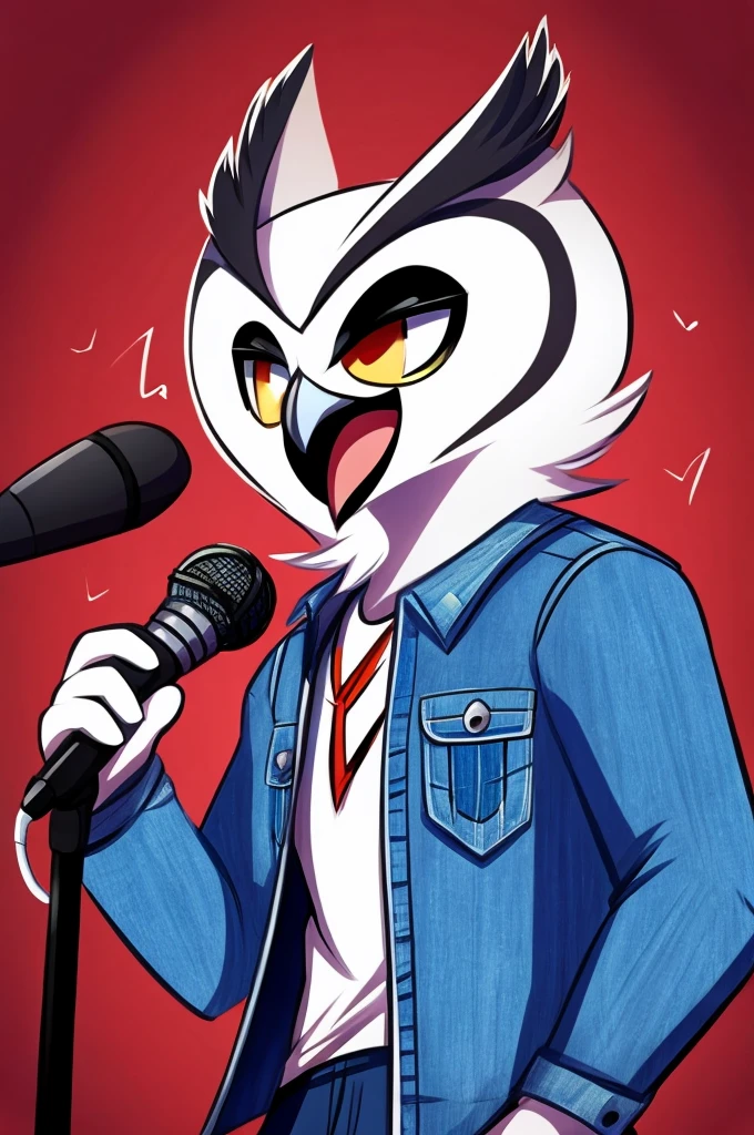 A male owl in Vivziepop drawing style wearing a denim jacket singing with microphone