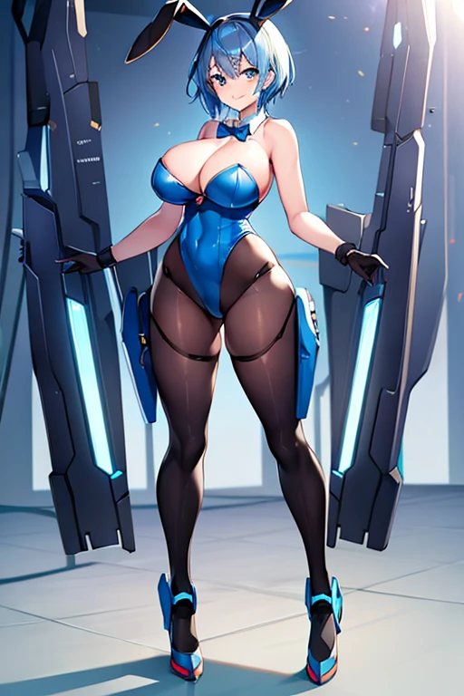 1girl, blue hair, large breasts, bunny ears, rabbit ears, wide hips, bodysuit, black bodysuit, short hair, very short hair, science-fiction, tech, futuristic, machinery, full body, ((full body)), smile, light smile, robot girl, drone