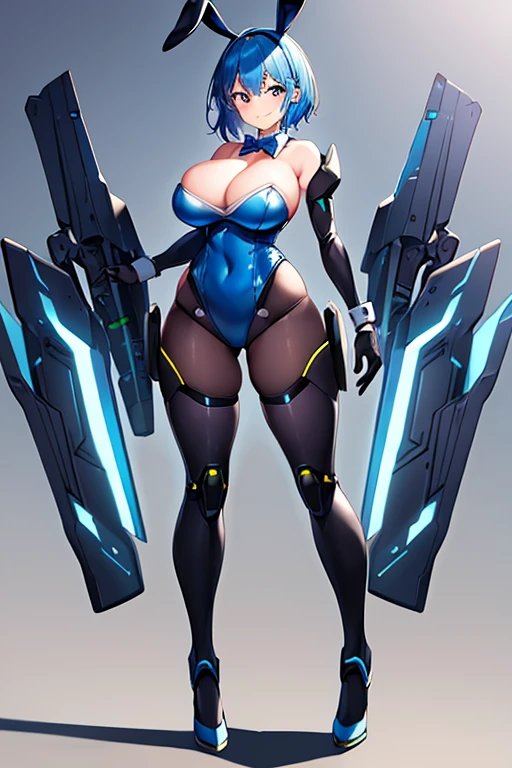 1girl, blue hair, large , bunny ears, rabbit ears, wide hips, bodysuit, black bodysuit, short hair, very short hair, science-fiction, tech, futuristic, machinery, full body, ((full body)), smile, light smile, robot girl, drone