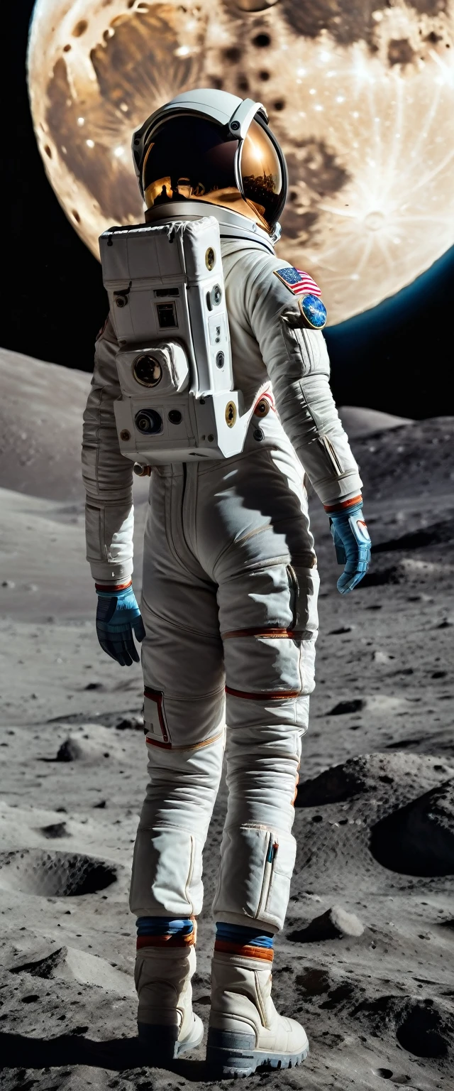 Highest quality,(masterpiece:1.2),Ultra-high resolution,Raw color photography,8K,Vast landscape photography,Realistic photos,Elaborate photos,Astronaut woman,,(From the back:1.5),(Wearing a space suit),(From below:1.2,Woman standing on the moon,View the moon's surface before your eyes,The sky is a vast universe),Beautiful Universe,Beautiful Moon Surface,Written boundary depth,Wide Light,Low contrast,Backlight,Sharp focus,Vibrant colors,Dynamic configuration