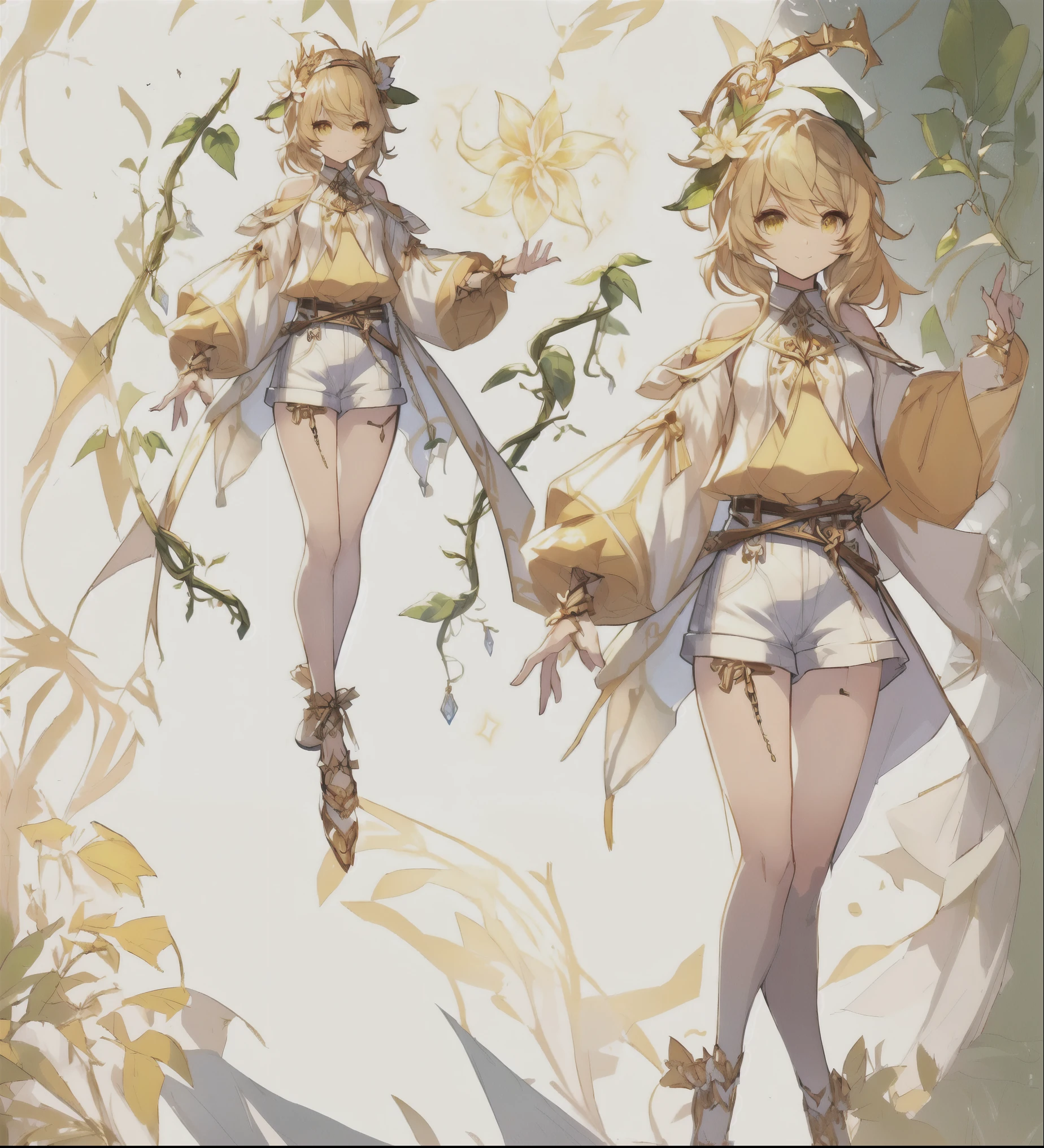 Anime character wearing a yellow outfit and a white shirt, trending on artstation pixiv, magical queen of the summer forest, elf girl wearing an flower suit, beautiful anime character design, Humanoid flora, Drawings of the characters from “The Maple Story”, detailed drawing of an anime character, shadow universe style, Genshin strike character, golden white clothes, anime goddess, Ayaka Genshin Impact
