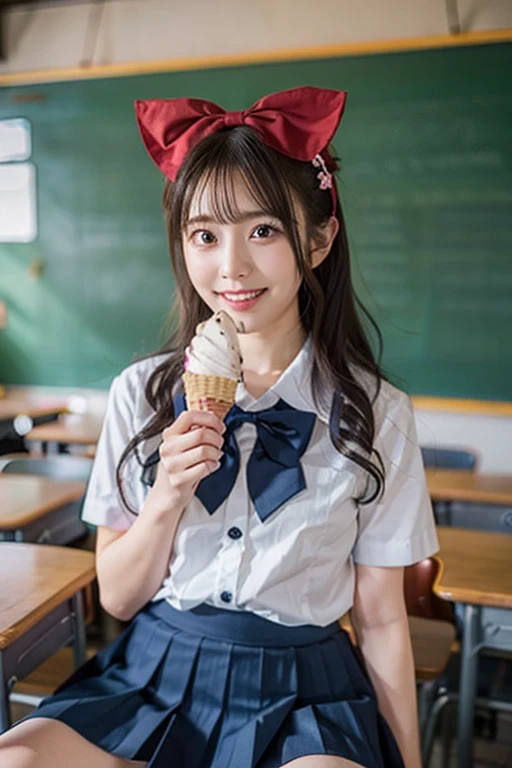 Tabletop, Highest quality, figure, Super detailed, In detail, High resolution, 8k wallpaper, Perfect dynamic composition, 1 beautiful girl, Beautiful attention to detail, (Look at the parfait), Girly blue blouse, Medium Hair, Normal chest, Natural color lip, Random Pause, smile, Open your mouth:1.2, Stylish cafe, 20-year-old girl, sit, One girl, alone, Open your mouth, eat, Holding food, Realistic,(ice cream, ice cream cone:1.35)、(Beautiful Japanese Girls:1.3)、(School uniform,bow:1.4)、(Panty shot,cameltoe,droppy big eyes)、(high school),(Dark blue skirt:1.3)、(sitting with spreading legs in the classroom:1.3)