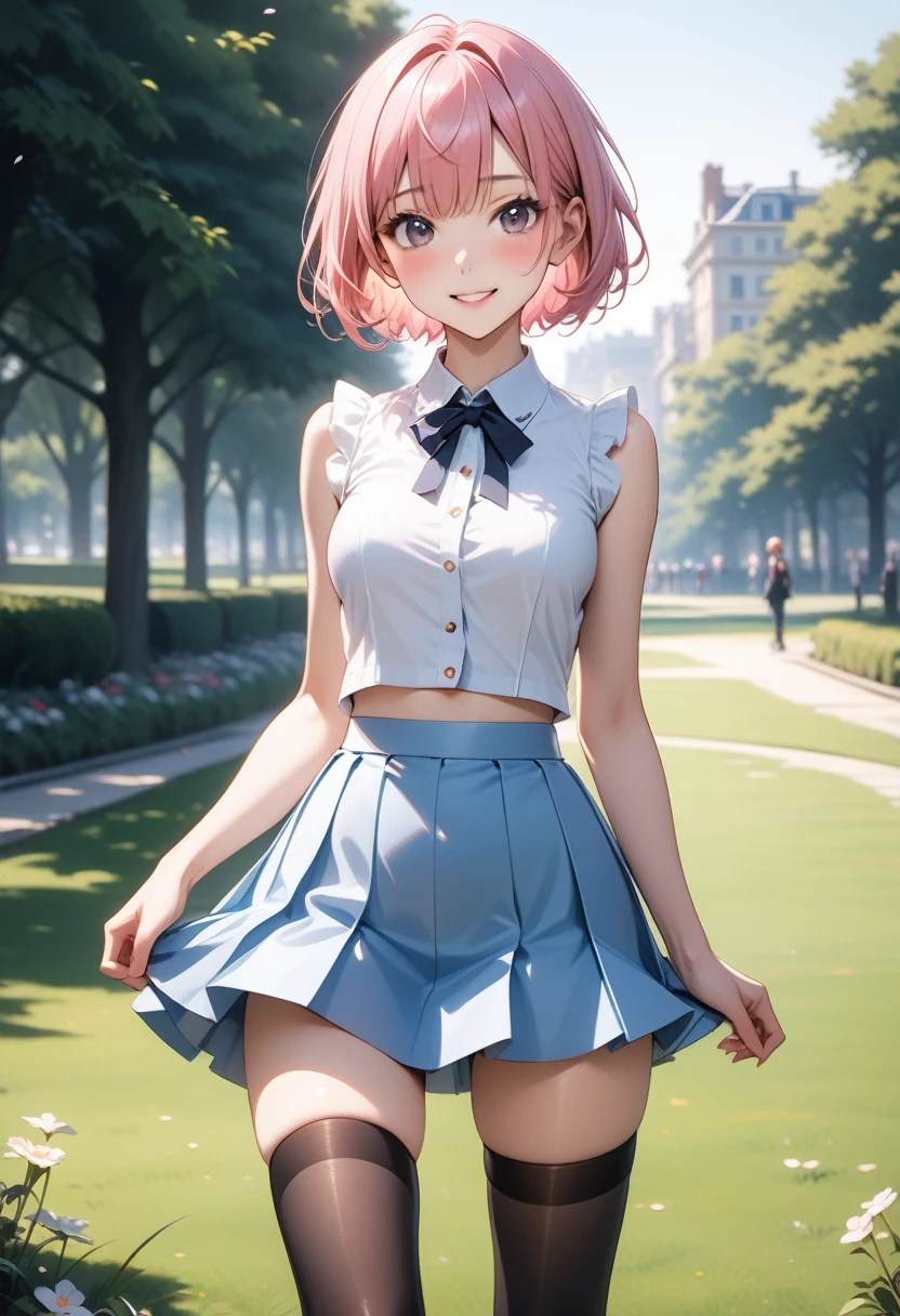 ((One-piece dress)), (Pleated skirt), Gloss Outfit, skinny, solo, 1 woman, Masterpiece, highest quality, highest quality, 16K, incredibly absurd, highly detailed, 2.5D, ai-generated, delicate and dynamic, very delicate facial expressions, delicate eye depiction, erotic, only sexy woman, ((A cute and kind face)), healthy figure, ((25-year-old woman)), 160cm tall, medium firm swaying bust, (short hair), (pink hair:1.5), bob cut, black eye, blush, Sweat,Embarrassed,sexy, ((thin thighs)), (camel toe:0.5), (visible nipples:0.8), ((shiny and lustrous)), facing straight at viewer, smile, (standing), cowboy shot, ((arm at side)), Large park, daytime, bright, on the grass, (((Pop colour outfit))),