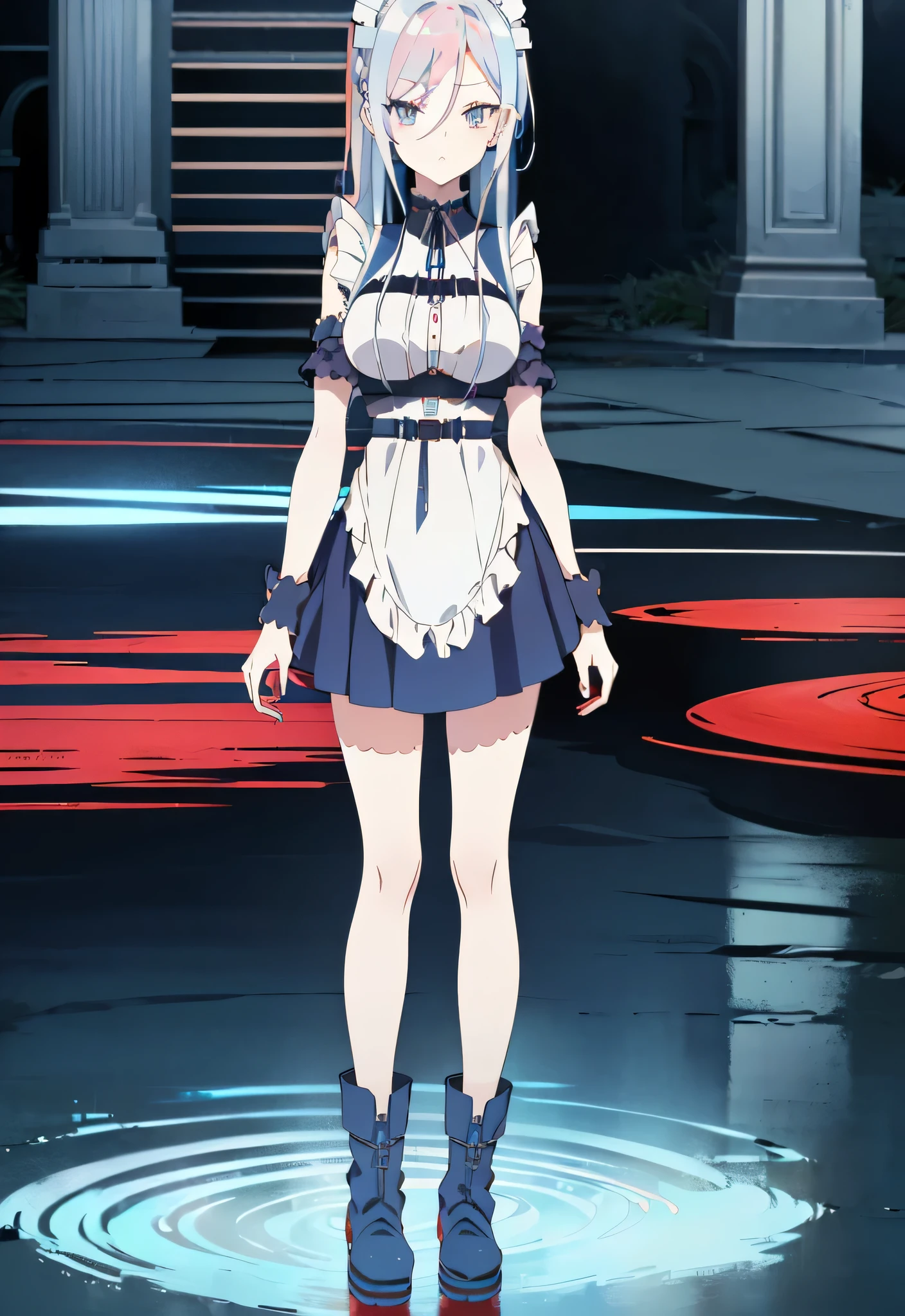 ((split-color hair , red hair , light blue hair)),[(underground waterway background:1.4)::5],original,(illustration:1.1),(best quality),(masterpiece:1.1),(extremely detailed CG unity 8k wallpaper:1.1), (colorful:0.9),(mid shot:0.95),(full body:1.5),Dynamic angle,(solo:1.2), (girl),((adult)), (detailed beautiful eyes:1.15), (beautiful face:1.15), (glowing red eyes:1.25////),((medium hair)),((split-color hair , red hair , light blue hair)),(high twintails),(chignon),(+perfect hand+:1.21),(Draw an illustration of a gothic girl),(Religious),(slender),(is wearing boots on her feet),((is wearing white maid clothes)),(furious), Lace Off-shoulder ta fashion,beautiful slender woman,high twintails,full body,mini skirt,((split-color hair , red hair , light blue hair)),((black long boots)),((mini skirt)),((adult)),((dynamic angle)),((split-color hair , red hair , light blue hair)),((split-color hair , red hair , light blue hair)),((black long boots)),((black long boots)),((split-color hair , red hair , light blue hair)),((split-color hair , red hair , light blue hair)),((underground waterway background)),