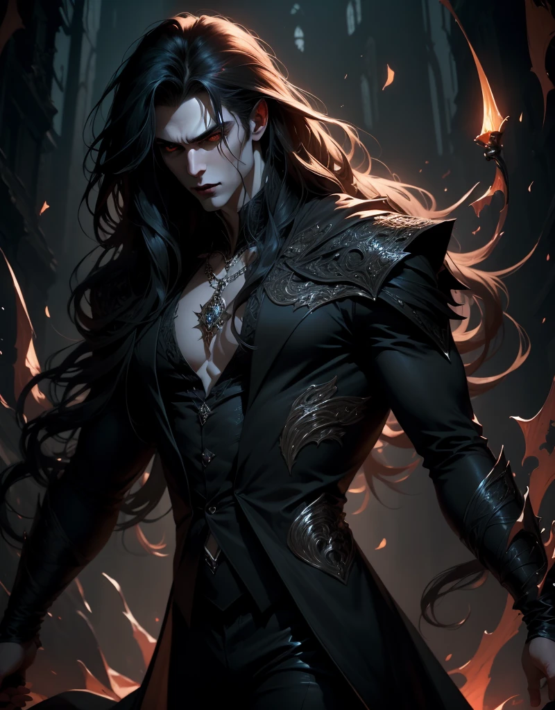 {anatomy}(Masterpiece - Ultra-detailed, very high resolution) Prepare to be enchanted by a true masterpiece that combines ultra-detailed art with high-resolution rendering. This work portrays a vampire man with long black hair (1.3) and captivating golden eyes (1.2), emanating an aura of mystery in dark settings. The intricate details and realistic textures invite you to explore every aspect of this enchanting composition. Vampire man. Black tunic. Serious expressions. Pale skin like a vampire. Walking, writing, standing, backwards, dynamic poses.

