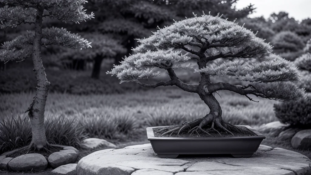 bonsai in natural vegetation in nature in black and white