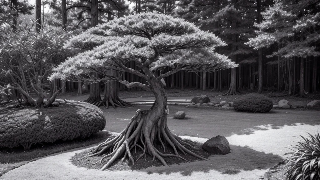 bonsai in natural vegetation in nature in black and white