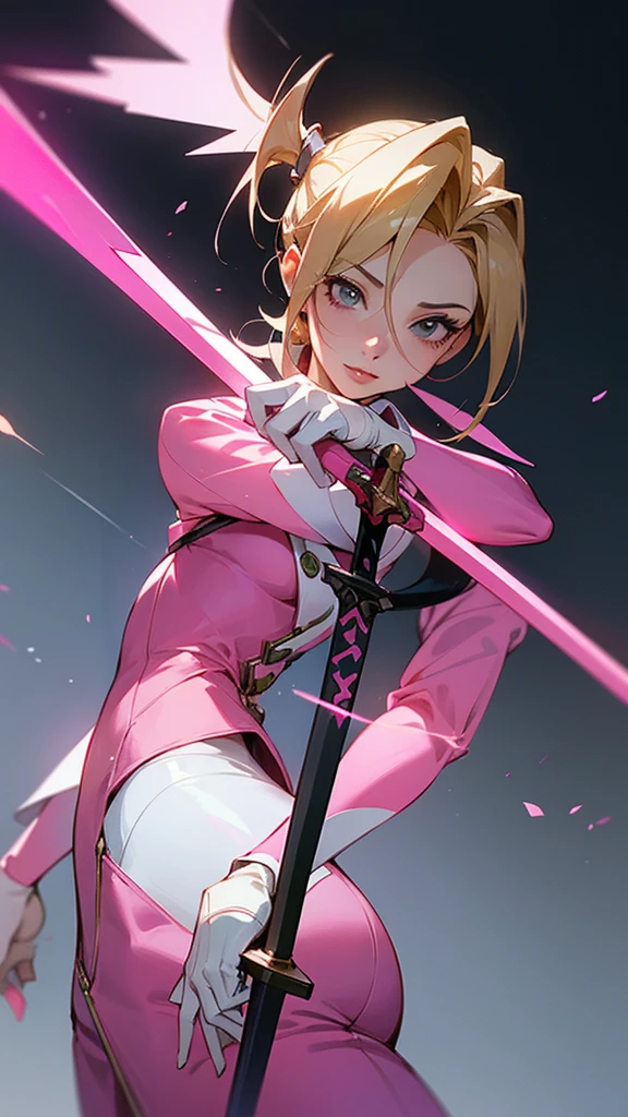 Close-up of a woman in a pink suit holding a sword, Mercy from Supervision game (2016), screenshot from Supervision, from Supervision, Supervision character, Mercy ( Supervision ), Mercy from Supervision, Supervision skin, as an Supervision character, Supervision game, Supervision style, Supervision inspired, pink iconic character, as Supervision character, Supervision, Supervision design