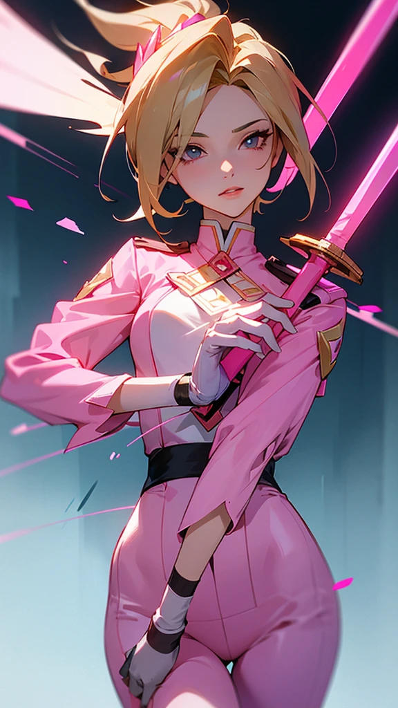 Close-up of a woman in a pink suit holding a sword, Mercy from Supervision game (2016), screenshot from Supervision, from Supervision, Supervision character, Mercy ( Supervision ), Mercy from Supervision, Supervision skin, as an Supervision character, Supervision game, Supervision style, Supervision inspired, pink iconic character, as Supervision character, Supervision, Supervision design