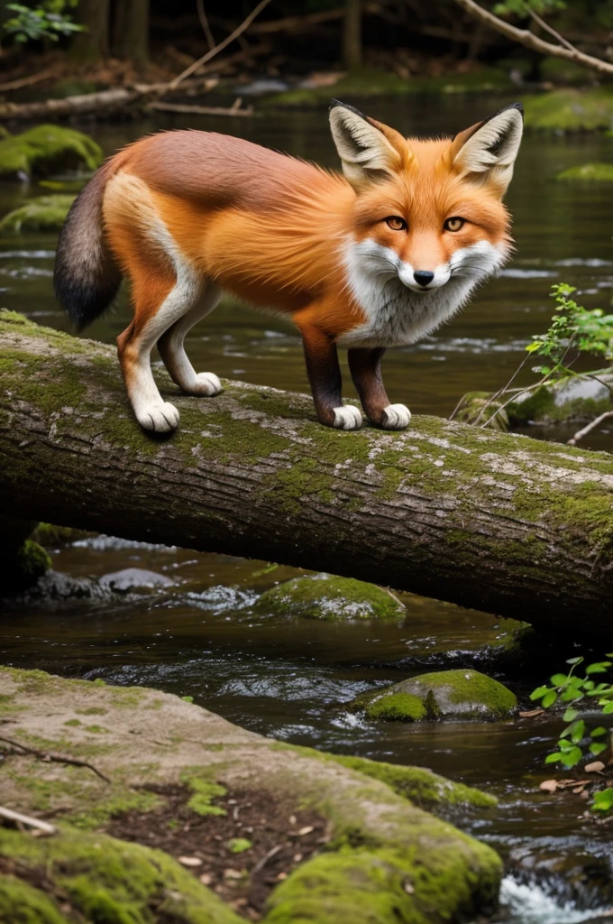 Little fox drawn in forest with a kimono next to the river