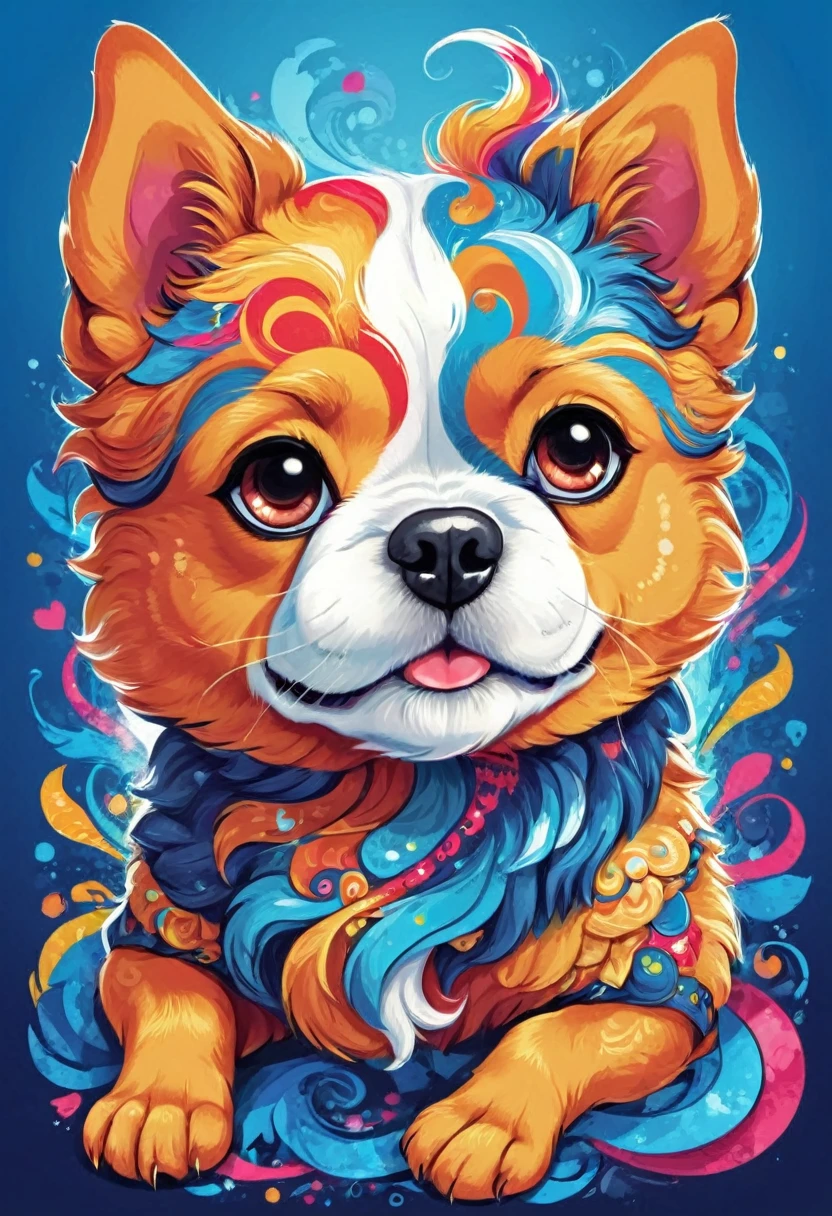 A t-shirt with vector art of a colorful illustration,  Russian toy dog, At the center, swirly vibrant colors, high détail, blue background, t-shirt designs, 
(artwork, best quality, proffesional, perfect composition, very aesthetic, absurdrez, super verbose, Intricate details:1.3)