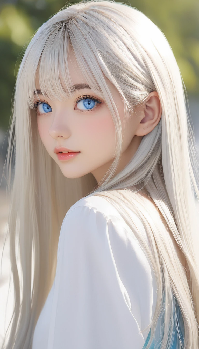 (masterpiece, Highest quality:1.2), One girl, Shiny platinum blonde silk super long straight hair, beautiful shiny bangs, big clear sky blue eyes, very beautiful bright eye highlightaster piece , best quality