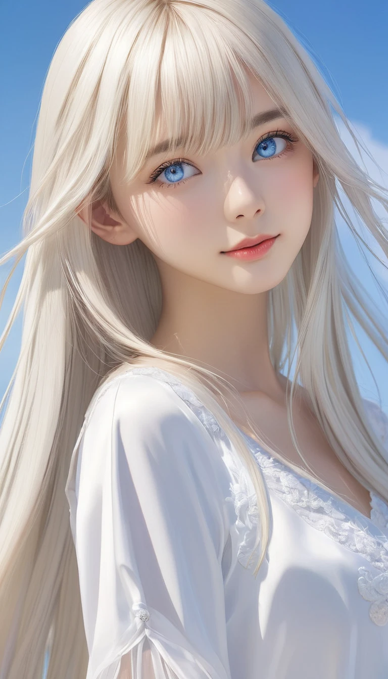 (masterpiece, Highest quality:1.2), One girl, Shiny platinum blonde silk super long straight hair, beautiful shiny bangs, big clear sky blue eyes, very beautiful bright eye highlightaster piece , best quality