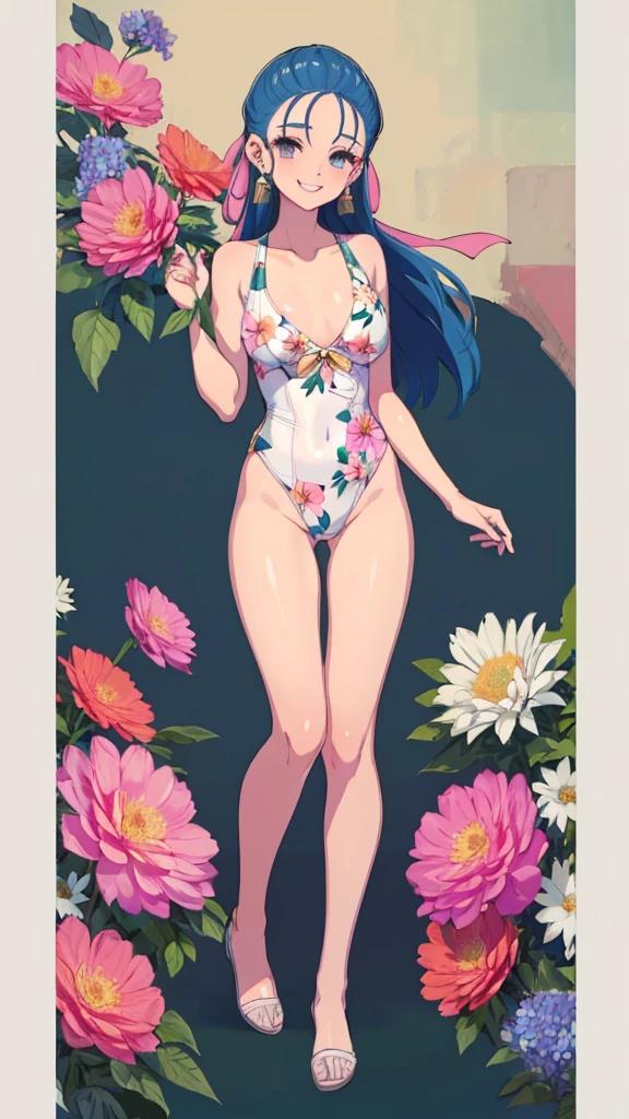 Nella, hair ribbon, earrings, chest, full body flower print swimsuit
(best quality, masterpiece, RAW photo, super detailed:1.2), 1 woman, solo, looking at viewer, smiling