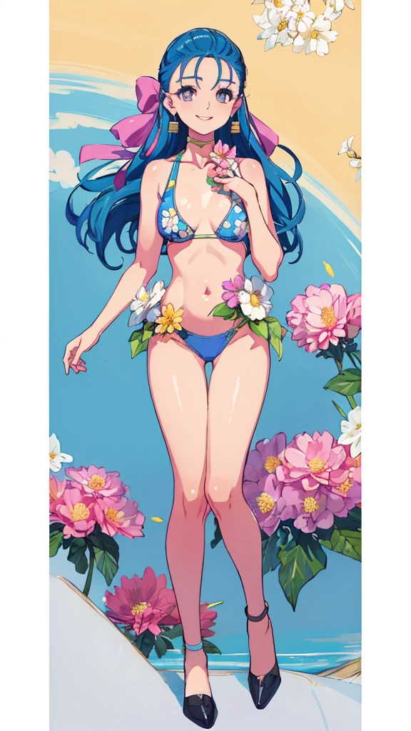 Rough watercolor sketch、Head with flowers in hair, とてもBeautiful Eyes, Beautiful Eyes, Perfectly centered image, Focus on the face line, Dripping watercolor, Ink outline, 32K resolution, Highest quality, Like a doll,Full body portrait,Swimwear,bikini,Blonde, Rolled hair,You can even see the feet,Anatomically correct,Swim ring,Ocean,Ocean,Ocean!Very detailed, High detail, High-resolution model, smile