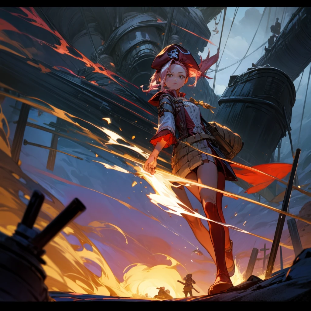 1girl, Full body version, 1character, girl version, black eyes, long Curly haircut, pink colour hair, ancient pirate style clothing, red colour clothing, long boots, Grassroots, background in sea, motion blur, (Hunter x Hunter style), sword Gladius in hang, pirate hat, pirate robe, smoke effect, aura effect, blue lighting, lightning sword, low angle view, fire, with ship pirates, normal gesture 