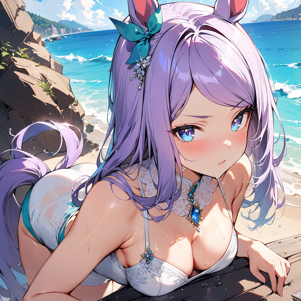 ((16k, highest quality, master piece: 1.2, super detailed, super high resolution, super detailed)),  1 girl, Mejiro McQueen \(umamusume\), Light purple hair, Long Hair, straight hair,  one girl, animal ears, horse tail, Blue Eyes, fashionable, elegance, charming, seductive, stunning, charming cleavage, lovely, charming, cute, beautiful detailed face, beautiful detailed eyes, soft expression, slim Beautiful figure, curvaceous, Small breasts, slender arms, graceful hands, delicate fingers, slim wrists, elegant neck, bare shoulders, smooth skin, Seaside, sandy beach, Outdoors, blue sky,(White one-piece swimsuit,Blue and red lines, drenched, Wet skin)), A little angry.