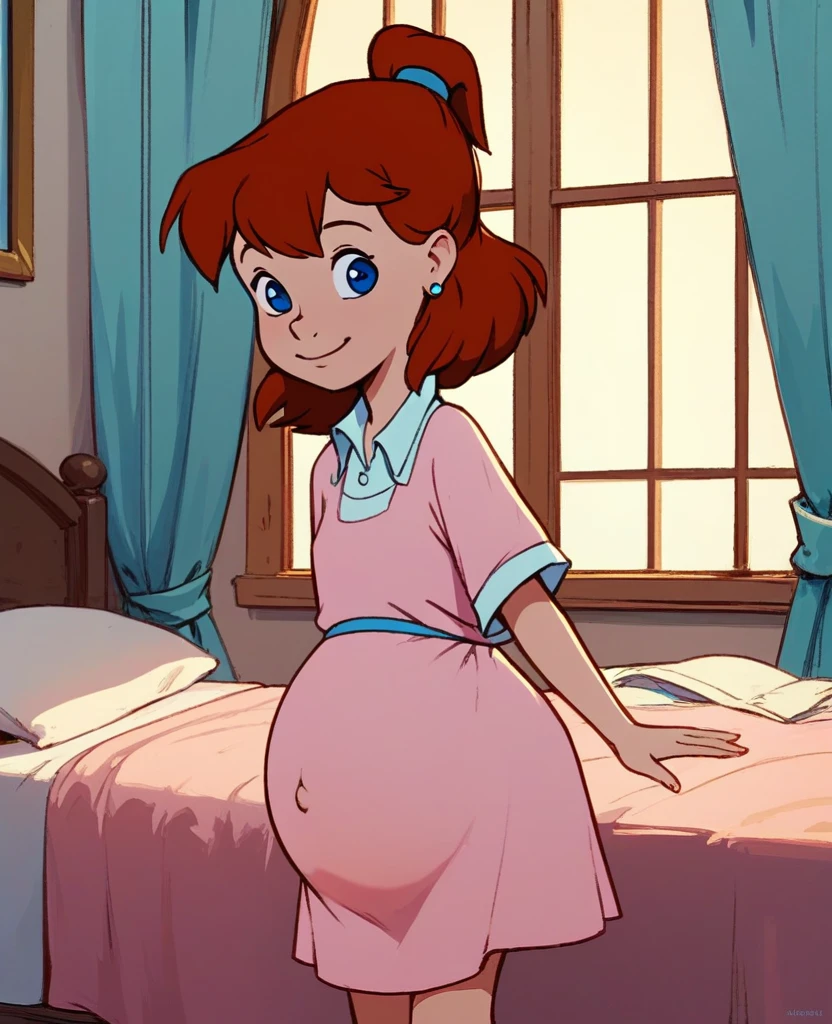 score_8, score_9, jenny, 1 girl, Alone, Brown hair, Blue eyes, earrings, standing, In the bedroom, SMILE, pink dress, hyper-pregnant, exposed abdomen 