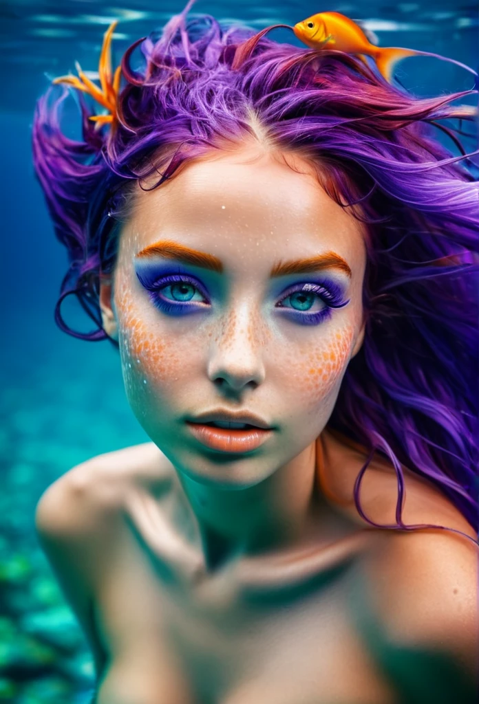 Frontal portrait of an extravagant and colorful woman who resembles a mermaid. Perfect body, natural breasts, clear skin, young features, wide open eyes and delicate freckles on the nose and cheeks. Front view, Vibrant, gravity-defying hair in shades of purple, blue and orange. Her hair transforms into tendrils or aquatic flora, creating an underwater illusion. Small bubbles floating around the head add to the underwater theme. General Effect: Serene otherworldly underwater creature in silent contemplation.
