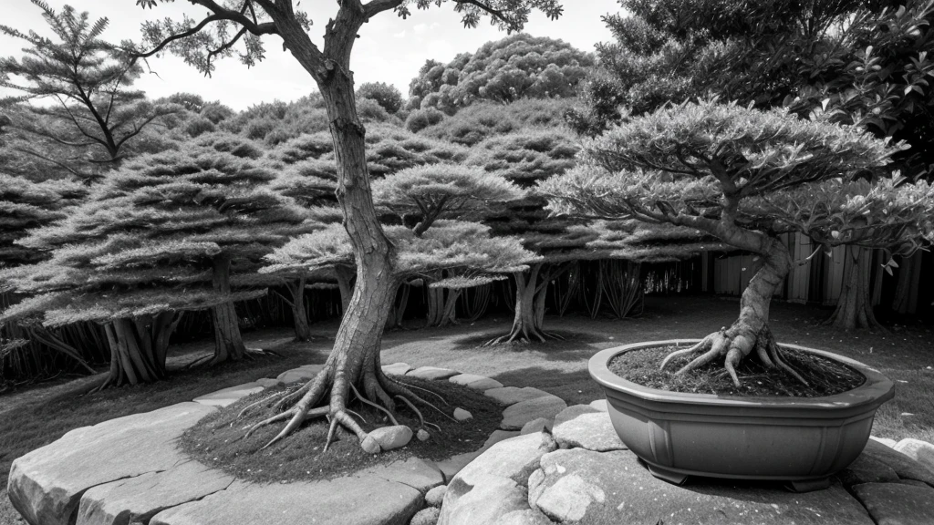 bonsai in natural vegetation in free nature in black and white