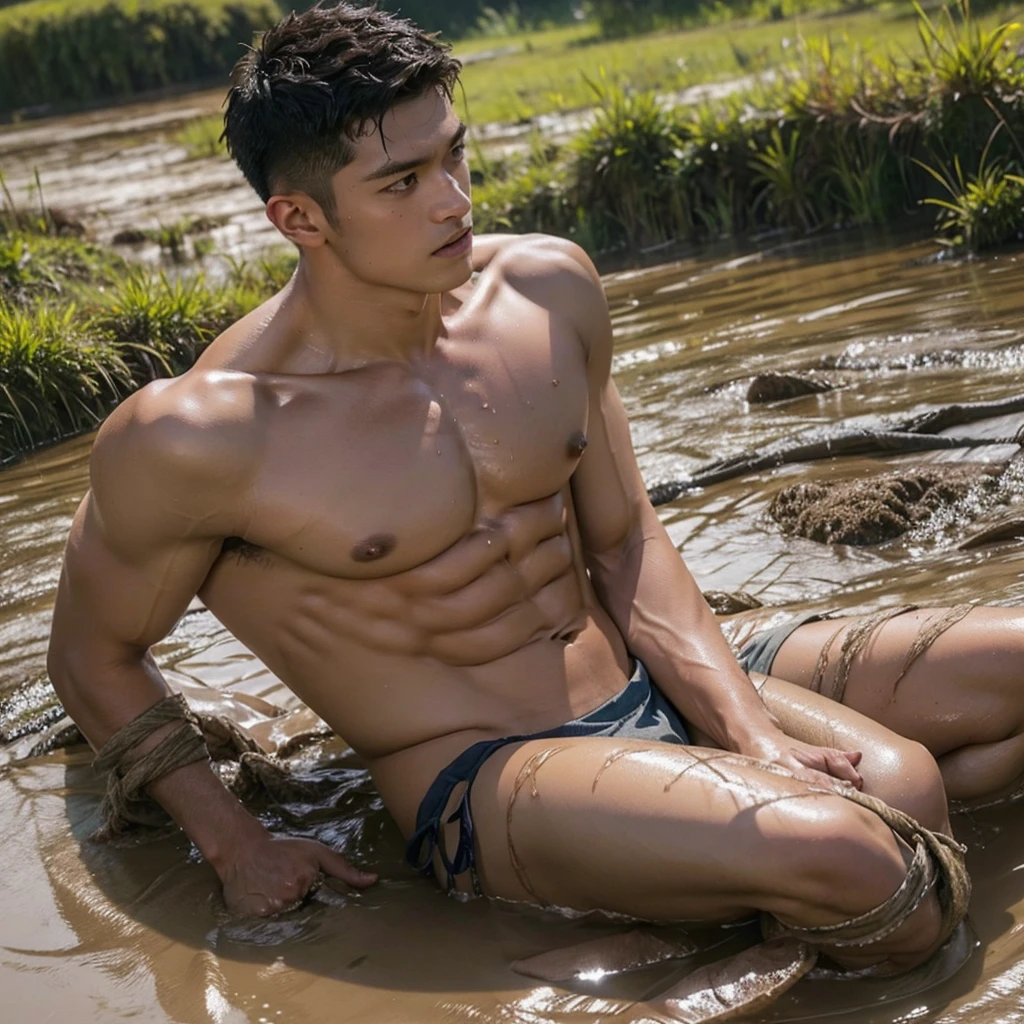 photorealistic,shirtless muscular man, wet body for highlights , half body in mud pit, struggling posture,