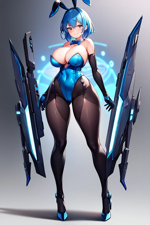 1girl, blue hair, large breasts, bunny ears, rabbit ears, wide hips, bodysuit, black bodysuit, short hair, very short hair, science-fiction, tech, futuristic, machinery, full body, ((full body)), smile, light smile, robot girl, drone, high heels