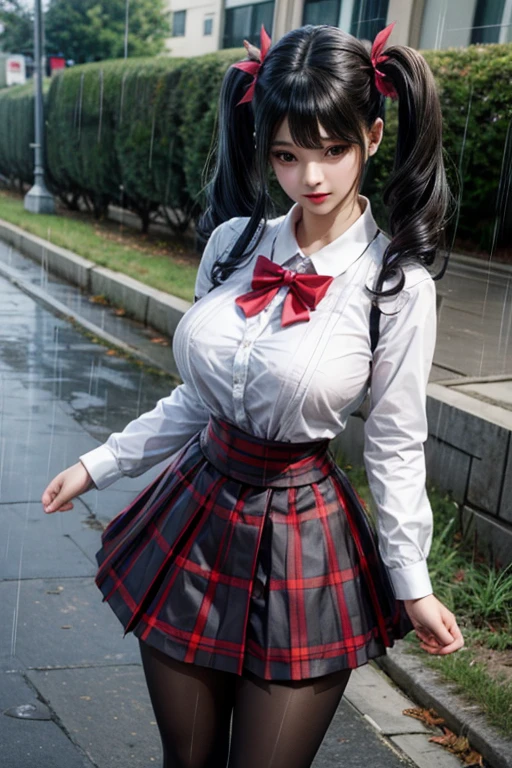 LingX,black hair,twintails,brown eyes,hair ornament, pantyhose (insanely detailed, masterpiece, best quality),solo, steam , rain , plaid skirt , pleated skirt , Tight shirt , white Shirt , school girl , red bow , red knot ,