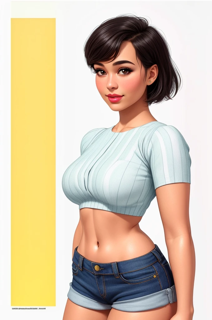 a beautiful woman, (1 girl:1.3), Peplum Top, Pixie cut, High-waisted shorts, rubenesque, pinup, cowboy shot, standing, in a retro-futuristic setting, white background, blank background, (best quality,4k,8k,highres,masterpiece:1.2),ultra-detailed,(realistic,photorealistic,photo-realistic:1.37),studio lighting,extreme detail description,vivid colors,bokeh,portrait
