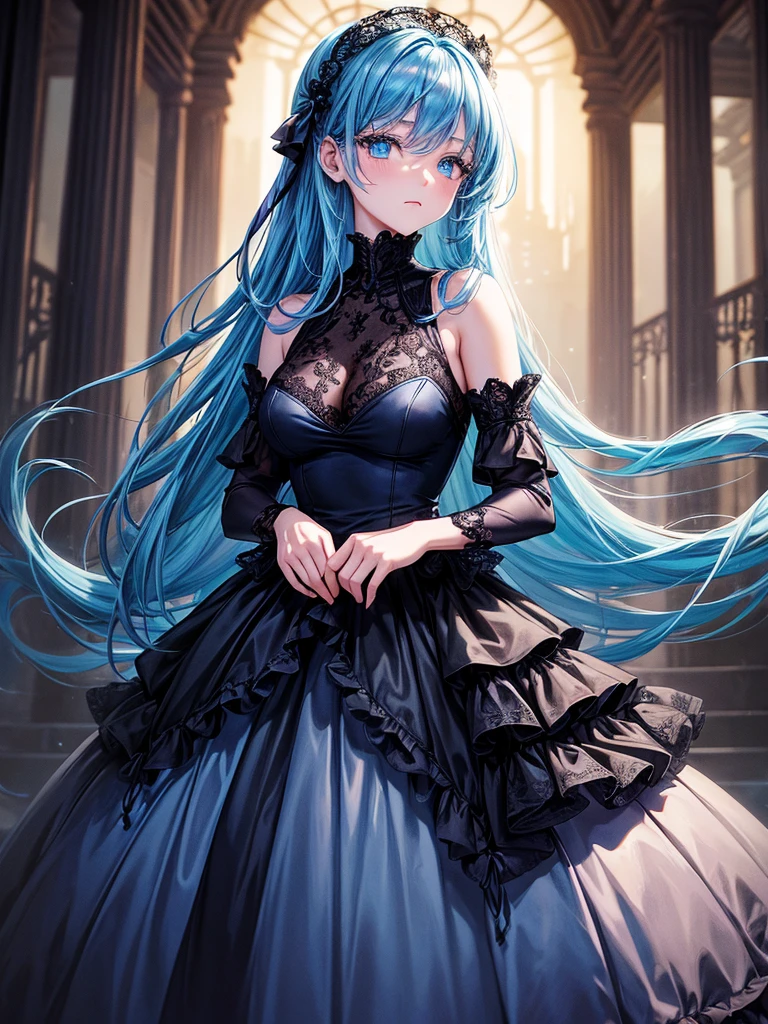 high quality, 16K, Ultra HD, beautiful girl, A digital illustration of anime style, digital paintings of her, The background is the exterior of a creepy Western-style mansion. The background is a creepy Western-style mansion. The girl is wearing a black and blue lace dress. Blue eyes. The blue is glowing. The hair glows blue halfway through.