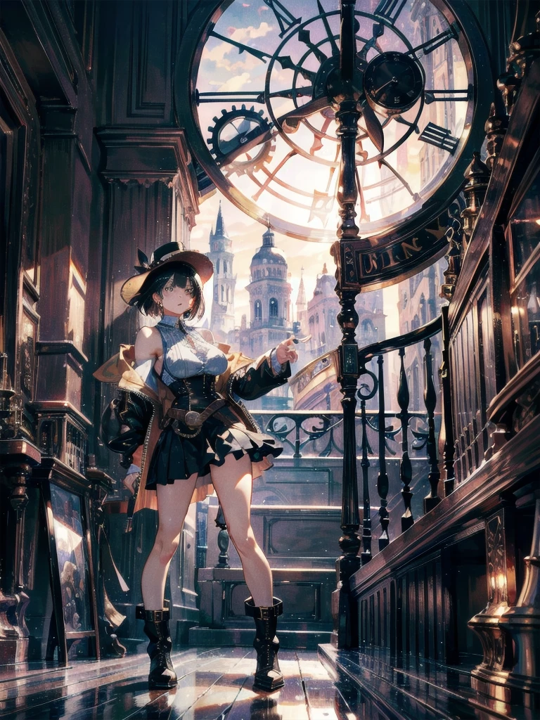 absurdres, RAW photo, extremely delicate and beautiful, masterpiece, Best Quality, ultra high resolution, 32k, hyperrealistic, ultra-detailed, perfect anatomy, super Detailed skin, Super Beauty, perfect figure, Perfect Style, Perfect balance, Very detailed CG 8k wallpaper, in her 20s, very small head, very small face, delicate facial features, tearful mole, earring, very huge breasts, bare legs, full body shot, medium hair, black hair, steampunk fashion, waistcoat, blouse, hat, boots, short skirt, bare shoulder,