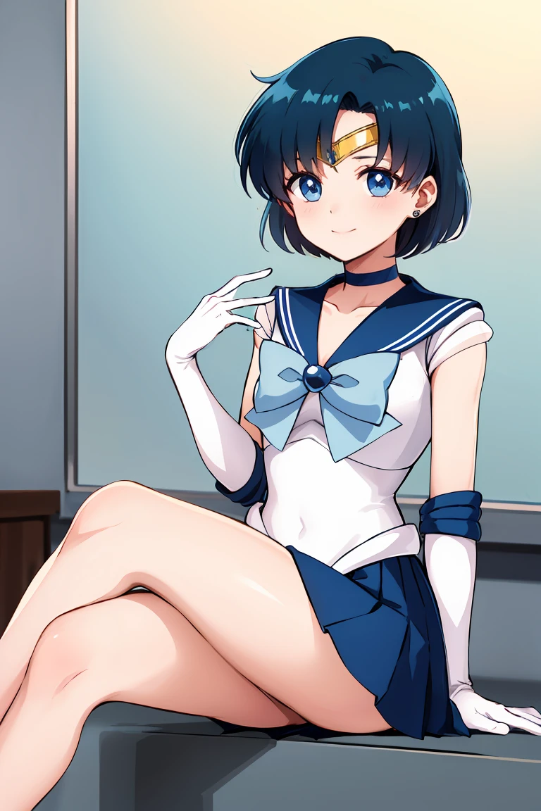 masterpiece, Highest quality, High resolution, Mercury 1, One girl, alone, Sailor Warrior Uniforms, Sailor Mercury, Which is Mizuno, Blue Hair, Magical girl, blue eyes, Blue Skirt, Elbow hand pockets, tiara, Pleated skirt, Hair Ribbon, Blue sailor collar, mini skirt, choker, Blue choker, White gloves, Short Hair, jewelry, Earrings, Sitting, Crossing your legs,The background is a school classroom,smile、