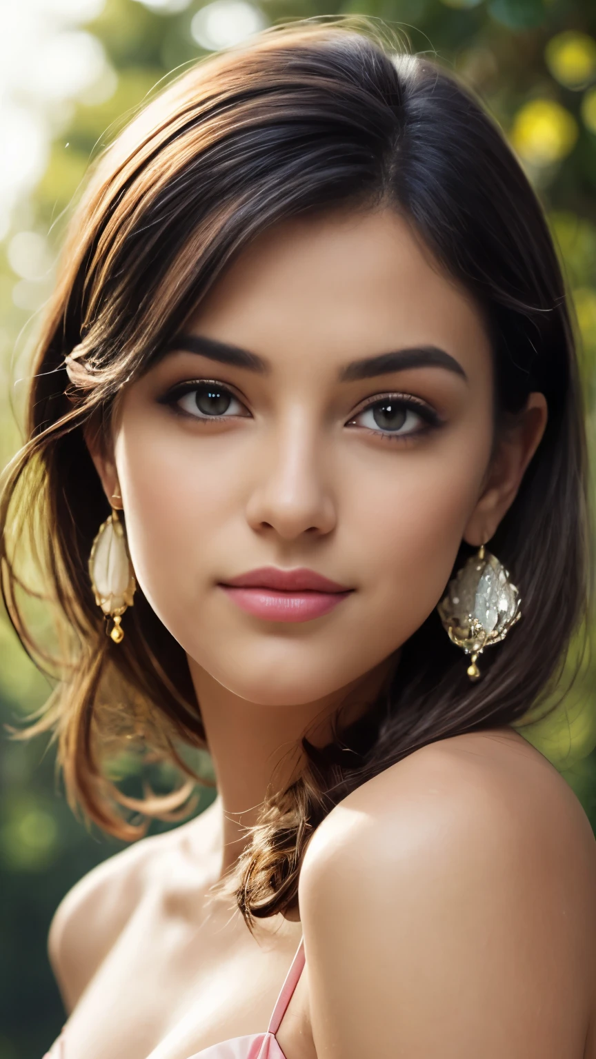 Beautiful, Detailed face, Beautiful woman, Stunning eyes, Juicy lips, Gorgeous girl, Soft lighting, Bright colours, Upper body, High resolution, Romantic atmosphere, Dreamy background, Elegant pose, Subtle details, Earrings, Flawless skin, Seductive expression, Charming smile, Visual art aesthetic,. masterstroke, oil painting style, gallery-worthy, out-of-this-world beauty, flash, diffused light