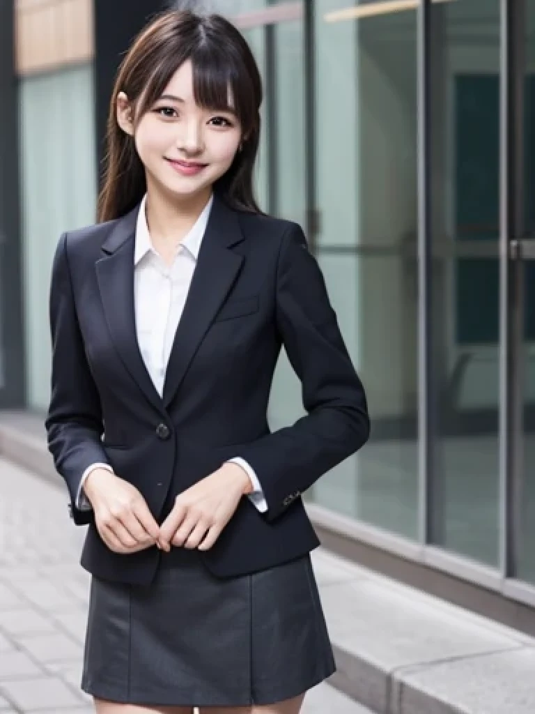Japanese、18 year old girl、Very slim、((Smiling))、business suit、Business district、mini skirt
