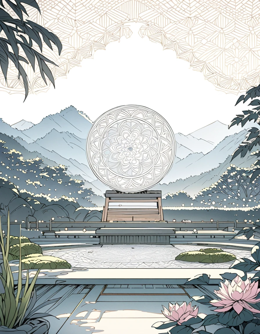 (Highest quality), (masterpiece), highly detailed, highly detailed lineart, black lines and white background, Detailed Zen Garden Scenery of a zen garden with intricate mandalas, exotic flowers and geometric patterns, promoting relaxation and mindfulness; fine lines and meticulous details enrich the composition; serene and harmonious environment, transmitting tranquility and inner peace; calm and meditative atmosphere, with a touch of spirituality; illustration style with an emphasis on refined detail and artistic precision, Ideal for colored pencils and fine pens; illustration technique with delicate strokes and soft shading. 