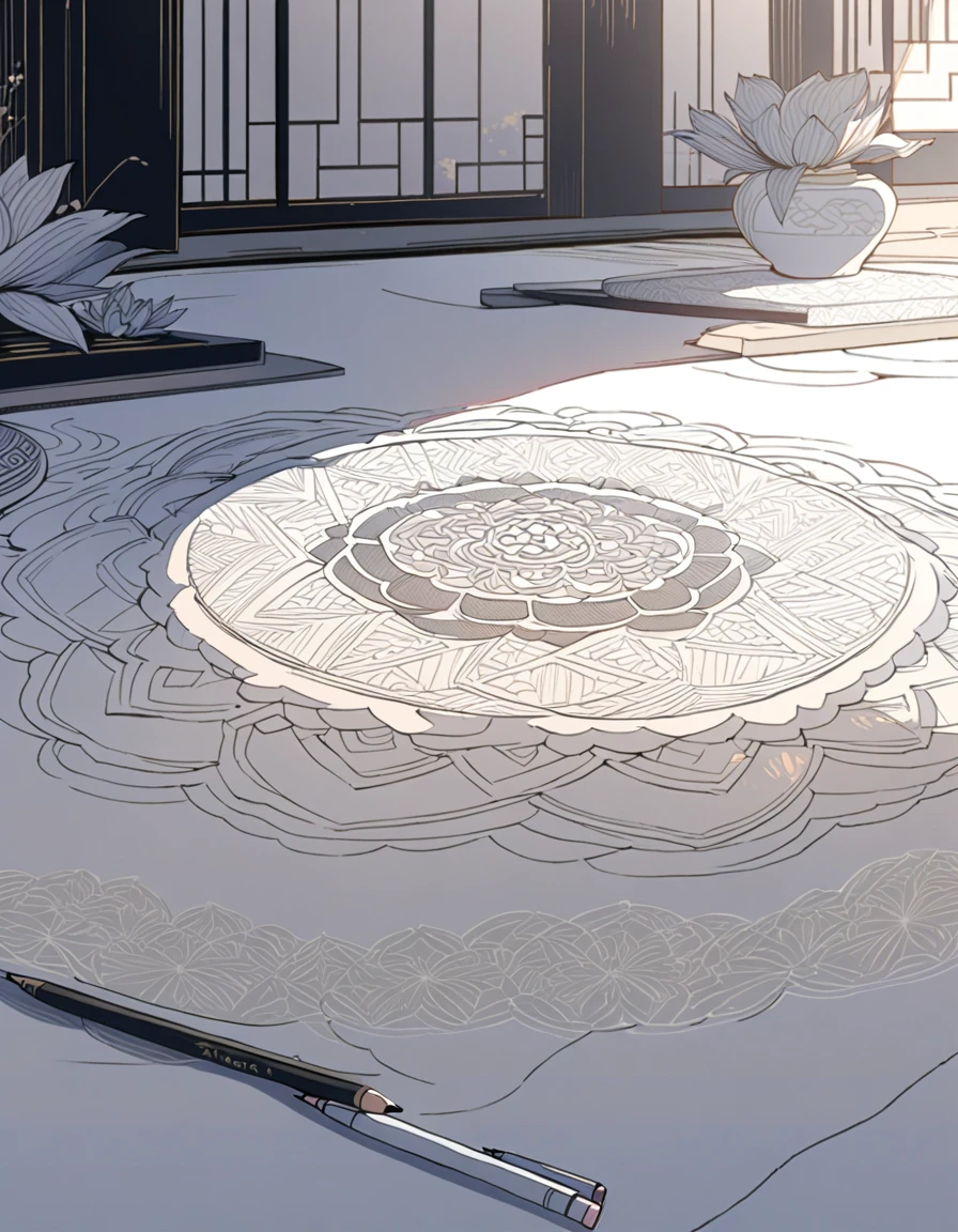 (Highest quality), (masterpiece), highly detailed, highly detailed lineart, black lines and white background, Detailed Zen Garden Scenery of a zen garden with intricate mandalas, exotic flowers and geometric patterns, promoting relaxation and mindfulness; fine lines and meticulous details enrich the composition; serene and harmonious environment, transmitting tranquility and inner peace; calm and meditative atmosphere, with a touch of spirituality; illustration style with an emphasis on refined detail and artistic precision, Ideal for colored pencils and fine pens; illustration technique with delicate strokes and soft shading. 