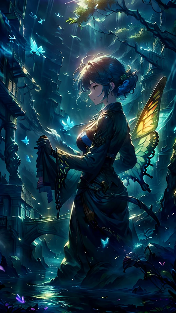 original, (masterpiece), (figure), (Very nice and beautiful), (Perfect detail), (Unity CG 8K Wallpaper:1.05), (Beautiful and clear background:1.25), (Depth of written boundary:0.7),One girl,Fun Shy , (Stand along the river:1.15).(Hair blowing in the wind:1.1),Butterflies are flying around, (Moonlight:0.6), wood, (summer), (night:1.2), (close:0.35), (gloves:0.8), alone ,
