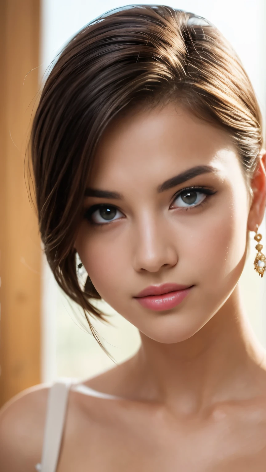 Beautiful, Detailed face, Beautiful woman, Stunning eyes, Juicy lips, Gorgeous girl, Soft lighting, Bright colours, Upper body, High resolution, Romantic atmosphere, Dreamy background, Elegant pose, Subtle details, Earrings, Flawless skin, Seductive expression, Charming smile, Visual art aesthetic,. masterstroke, oil painting style, gallery-worthy, out-of-this-world beauty, flash, diffused light