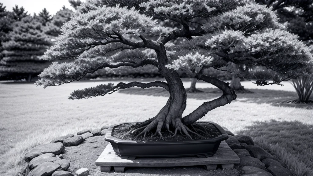 bonsai in natural vegetation in free nature in black and white