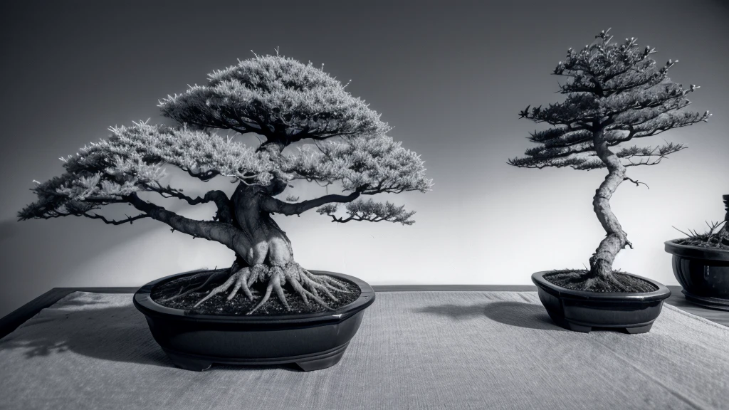 bonsai in natural vegetation in free nature in black and white